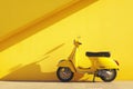 AI-generated illustration of a vibrant yellow scooter parked against a striking yellow wall Royalty Free Stock Photo