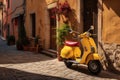 AI-generated illustration of a vibrant yellow scooter parked on a charming cobblestone street Royalty Free Stock Photo