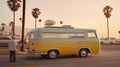 AI generated illustration of A vibrant yellow and white van parked on a sunny street Royalty Free Stock Photo