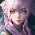 AI generated illustration of A vibrant young woman with short, purple hair in anime style Royalty Free Stock Photo