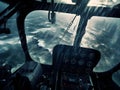 AI generated illustration of view from the cockpit of a helicopter in flight over the ocean