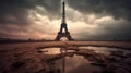 AI generated illustration of a view of the Eiffel Tower from a reflective puddle in a desert Royalty Free Stock Photo