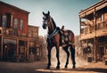 AI-generated illustration of A view of a horse in a Western-style town, standing in a dirt area