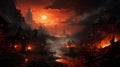 AI generated illustration of a village and river engulfed in an eerie red sunset