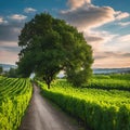 AI generated illustration of a vineyard with a dirt path and a large tree under a partly cloudy sky Royalty Free Stock Photo