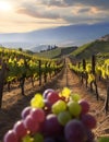 AI generated illustration of vineyard hills, featuring a vibrant harvest of ripe grapes