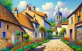 an old painting of some houses and flowers in a town