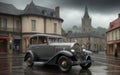 AI generated illustration of a vintage automobile in a gloomy city