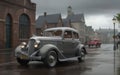 AI generated illustration of a vintage automobile in a gloomy city