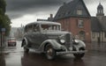 AI generated illustration of a vintage automobile in a gloomy city