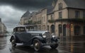 AI generated illustration of a vintage automobile in a gloomy city