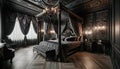 AI generated illustration of a vintage bedroom with bed, dressers, chandelier, and wooden floor Royalty Free Stock Photo