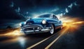 AI-generated illustration of A vintage blue automobile driving down a rural highway