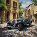 AI generated illustration of a vintage blue car in a cobblestone alley in an oil painting style Royalty Free Stock Photo