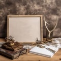 AI generated illustration of a vintage book, notepad, and deer antelope and a painting frame