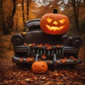 AI generated illustration of a vintage car with carved pumpkins in an autumn forest Royalty Free Stock Photo