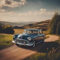 AI generated illustration of a vintage car driving on mountain road at sunset Royalty Free Stock Photo
