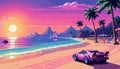 AI generated illustration of a vintage car parked on sandy beach with palm trees in foreground Royalty Free Stock Photo