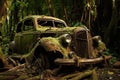 AI generated illustration of a vintage car in a state of disrepair, surrounded by overgrown grass