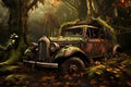 AI generated illustration of a vintage car in a state of disrepair, surrounded by overgrown grass