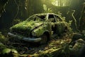 AI generated illustration of a vintage car in a state of disrepair, surrounded by overgrown grass