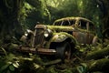 AI generated illustration of a vintage car in a state of disrepair, surrounded by overgrown grass