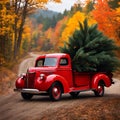 AI generated illustration of a vintage car towing a large tree in the back