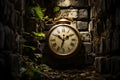 AI generated illustration of a vintage clock on a stone wall covered with green leaves Royalty Free Stock Photo