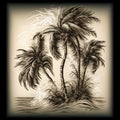 AI generated illustration of a vintage image of two palm trees on a sandy beach Royalty Free Stock Photo