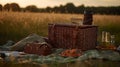 AI-generated illustration of a vintage picnic basket with food and drinks on a blanket in a field. Royalty Free Stock Photo