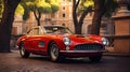 AI generated illustration of a vintage red and black sports car parked on an asphalt road Royalty Free Stock Photo