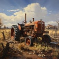 AI generated illustration of a vintage red tractor parked in a grassy field surrounded by trees Royalty Free Stock Photo