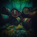 AI generated illustration of a vintage, rusty metal barrel submerged in a tranquil stream