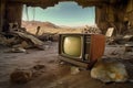 AI generated illustration of a vintage television set in the ruins of an abandoned house