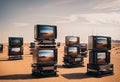 AI generated illustration of vintage television sets in a barren desert