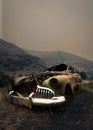 AI generated illustration of vintage vehicle sits in a state of disrepair on the side of a mountain