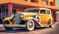 AI-generated illustration of a vintage yellow car from the 1930s parked outside a 1950s motel.