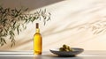 AI generated illustration of virgin olive oil on a wooden table on a sunny day Royalty Free Stock Photo