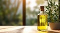 AI generated illustration of virgin olive oil on a wooden table on a sunny day Royalty Free Stock Photo