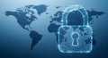 Global network security concept featuring a glowing digital padlock icon superimposed on a connected world map graphic. Royalty Free Stock Photo