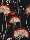AI generated illustration of a vivid black and red floral background featuring white blooms