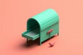 AI generated illustration of A green mailbox with a red handle and an open door, orange background