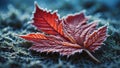 AI generated illustration of a vivid orange autumn leaf on a grassy hillside on a frosty day