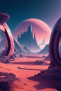 AI generated illustration of a vivid orange planet illuminated by the sun against a dramatic desert