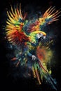 AI-generated illustration of a vivid parrot soaring against a black backdrop.