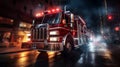 AI generated illustration of a vivid red fire truck illuminated by the glowing street lamps Royalty Free Stock Photo