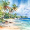 AI generated illustration of a vivid watercolor painting of a beach scene with rolling waves