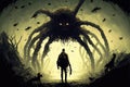 AI generated illustration of a warrior character walking toward a fantasy scary spider creature