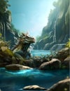 AI generated illustration of a water dragon near a waterfall near some rocks