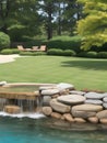 AI generated illustration of a water fountain surrounded by lush greenery and rocks along the bank